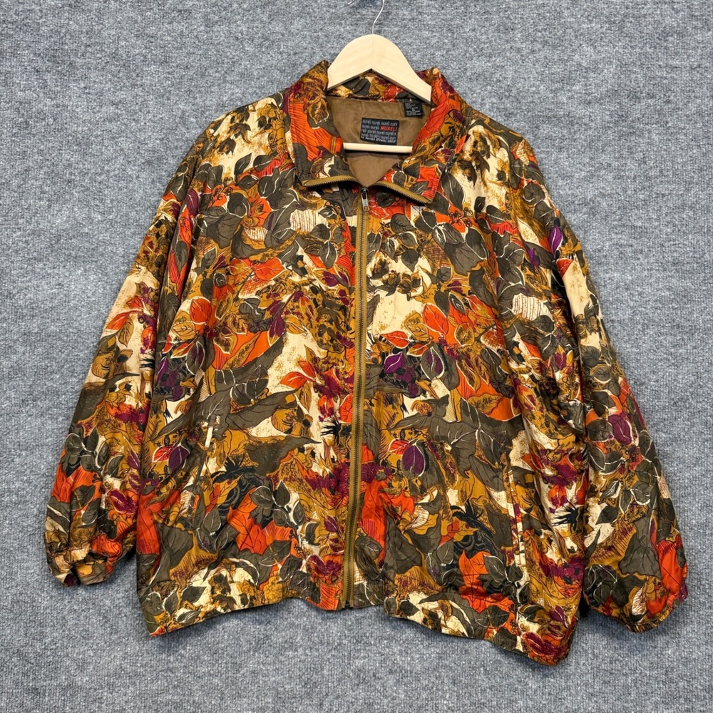 Mureli Womens Sz XL Bomber Jacket Orange Black Silk Floral Leaves Fall Full Zip
